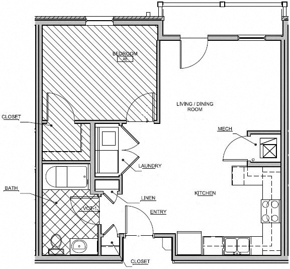 Floor plan for 1 bed, 1 bath